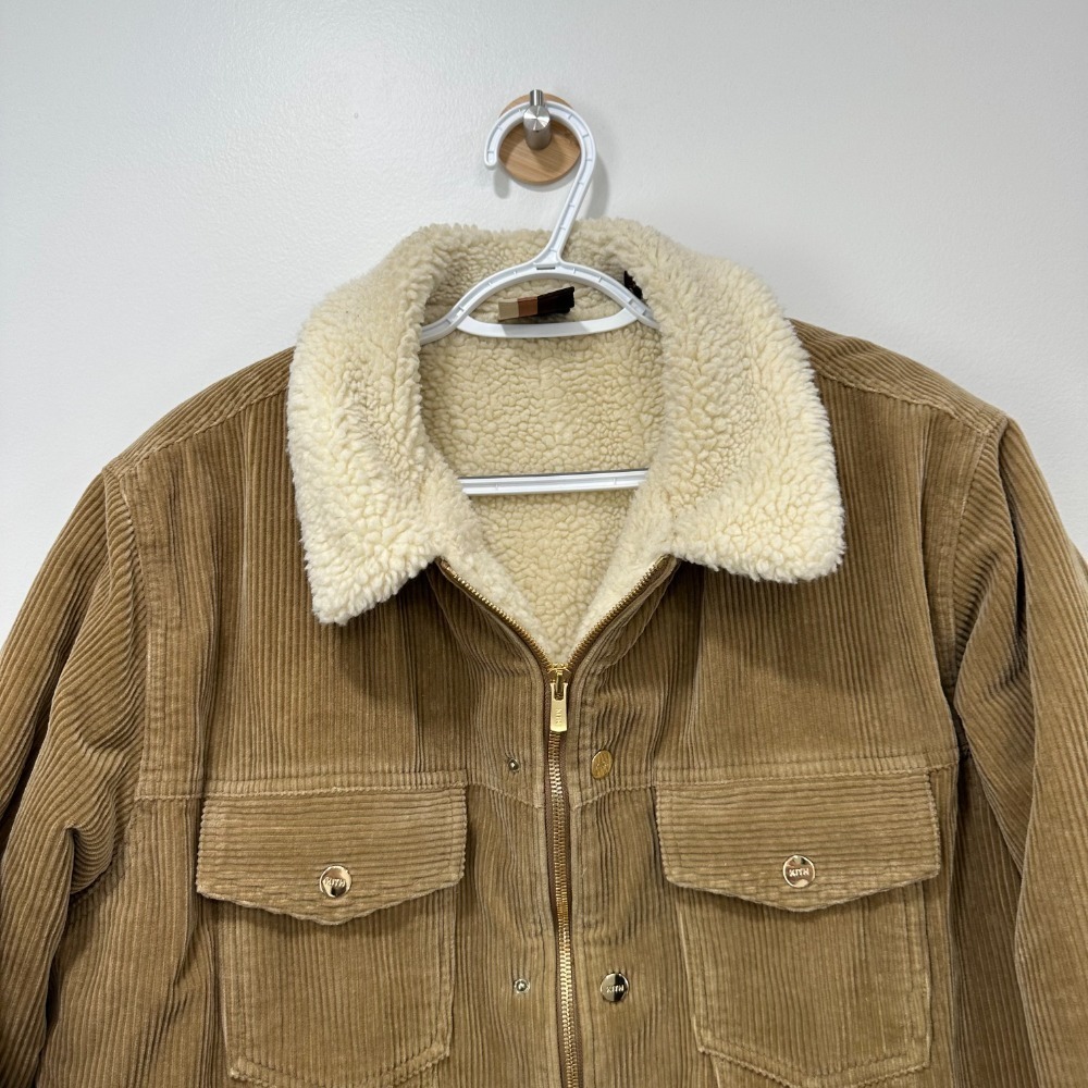 KITH Womens Jacket XL Tan‎ Corduroy Sherpa Lined Fuzzy Gold Zip Designer - Picture 2 of 13